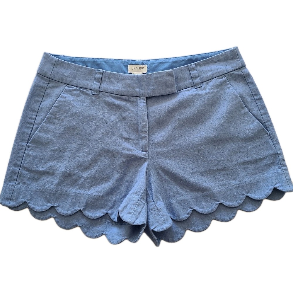 J. Crew Women's Blue Scalloped Hem Shorts Linen Blend Casual Preppy Chic Size 6